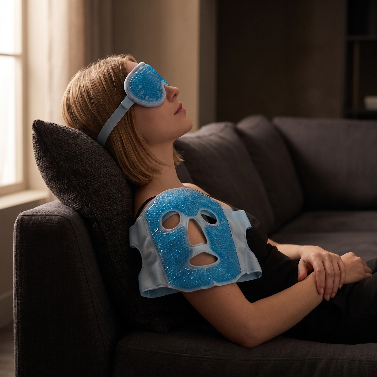 Woman relaxing on a sofa wearing the blue gel eye mask, holding the matching face mask