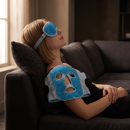 Woman relaxing on a sofa wearing the blue gel eye mask, holding the matching face mask