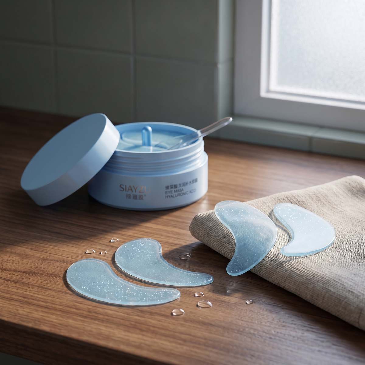 Under-eye patches and open jar on a wooden bathroom counter in morning light