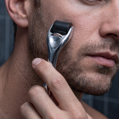 Close-up of the silver 540 derma roller rolling along a man's cheek