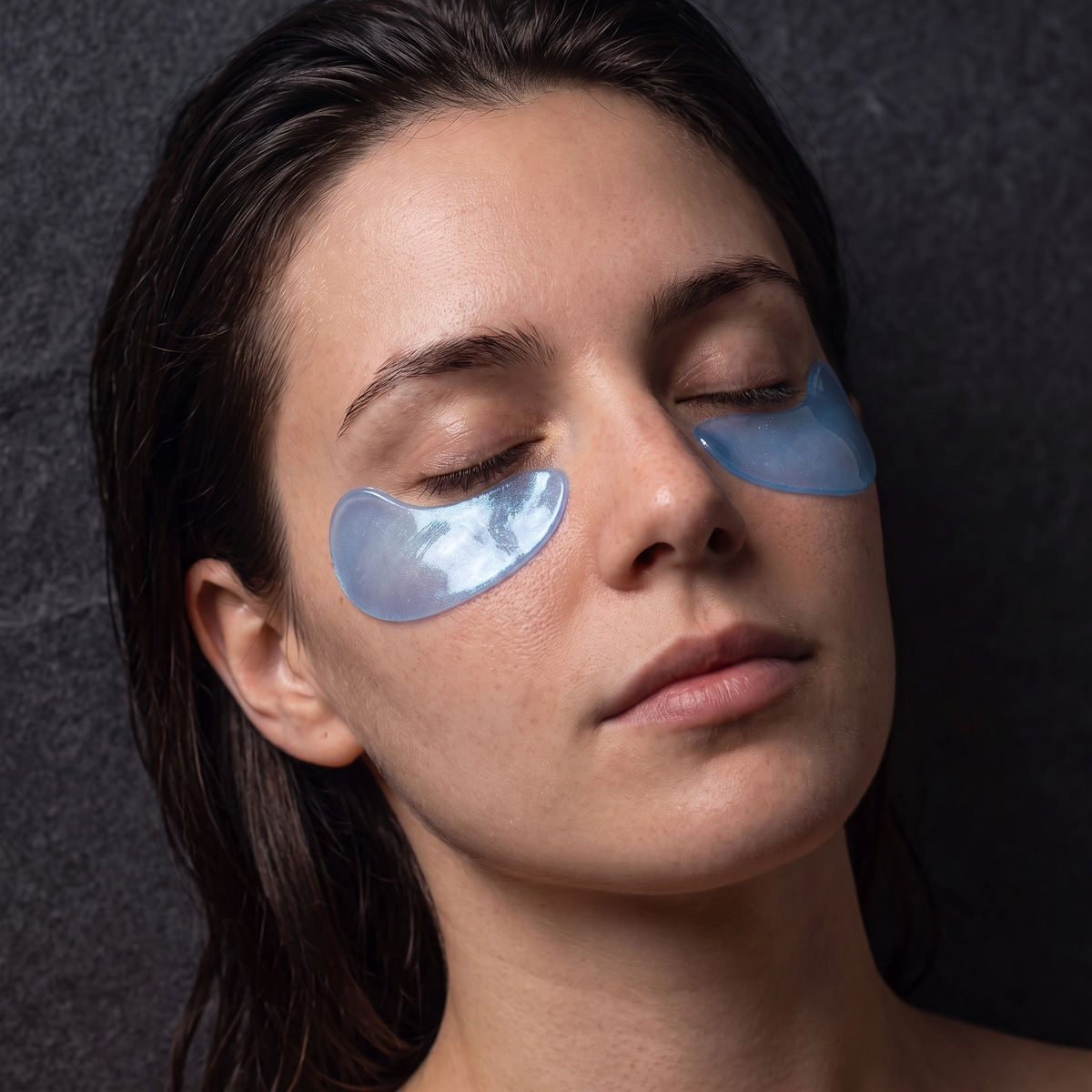 Woman relaxing with eyes closed wearing hydrating under-eye patches