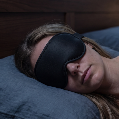 Woman asleep wearing the black 3D contoured sleep mask