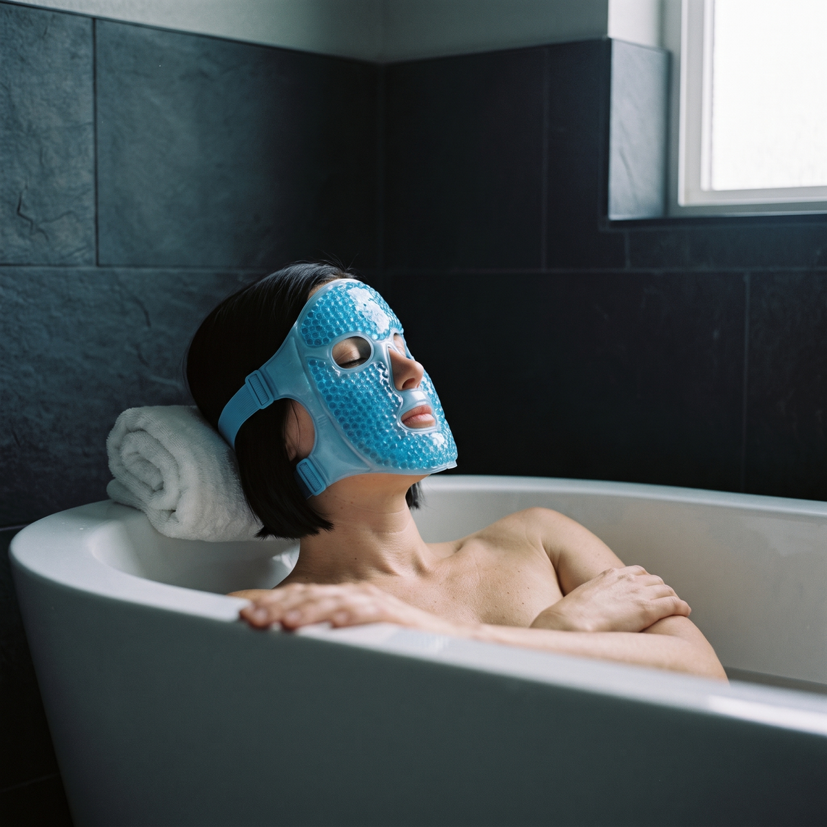 Woman relaxing in a bathtub wearing the blue ice face mask